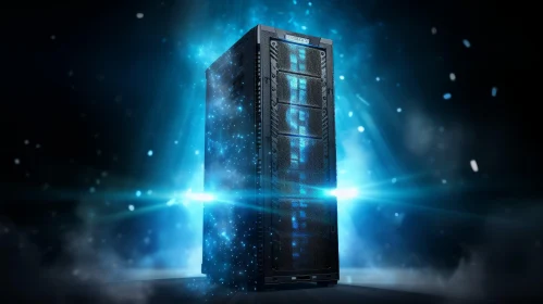 Blue Glowing Server Tower on Dark Blue Background