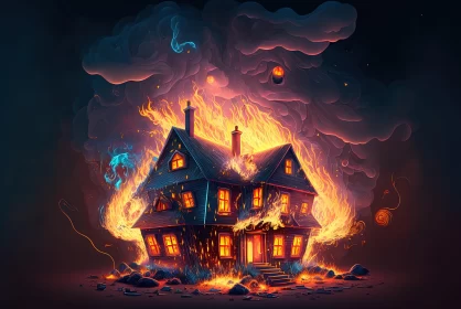 Captivating House on Fire Illustration | Surrealistic Artwork