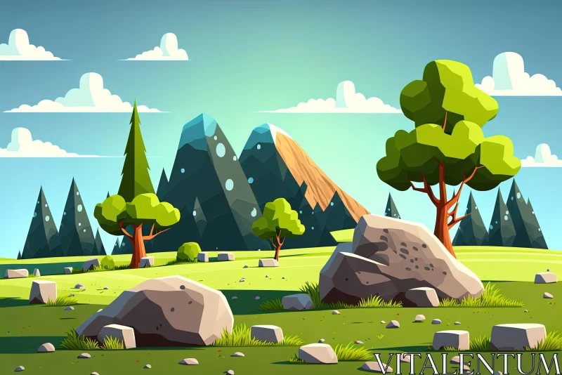AI ART Cartoon Landscape with Rocks, Tree, and Mountain | Vibrant Cartoon Style