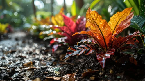 Close-up of a Colorful Plant with Glistening Leaves