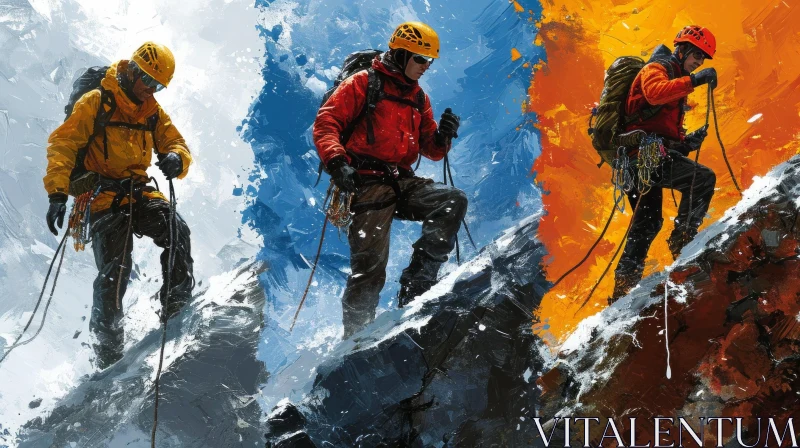 Conquer the Majestic Heights: Mountain Climbers Ascending a Snow-Covered Peak AI Image