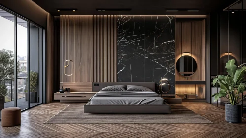 Contemporary Bedroom: Dark Colors, Wood & Marble | Artistic Photo