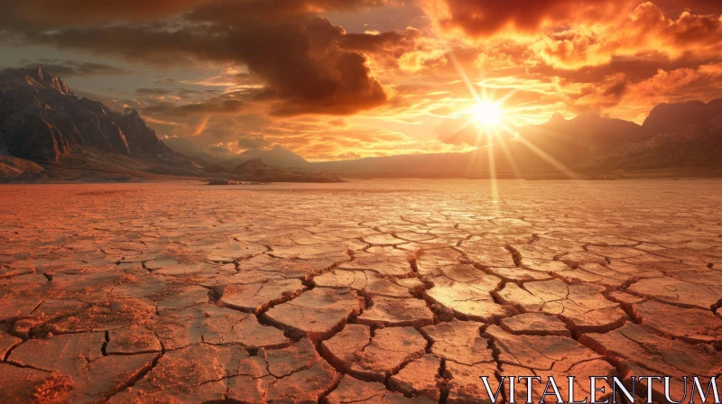 Cracked Desert Landscape with Radiant Sun - Nature Photography AI Image