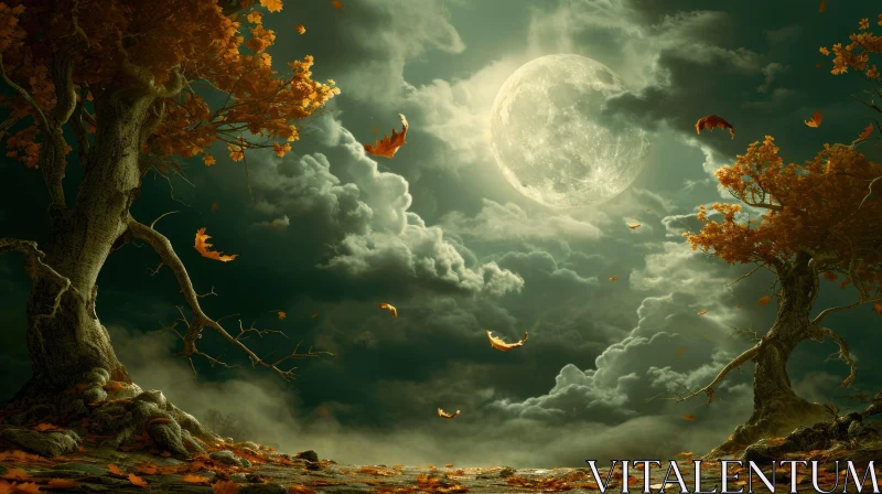 Dark and Mysterious Landscape with Full Moon and Falling Leaves AI Image