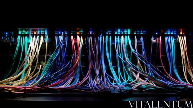 Dark Room with Colorful Cables and Server Rack AI Image
