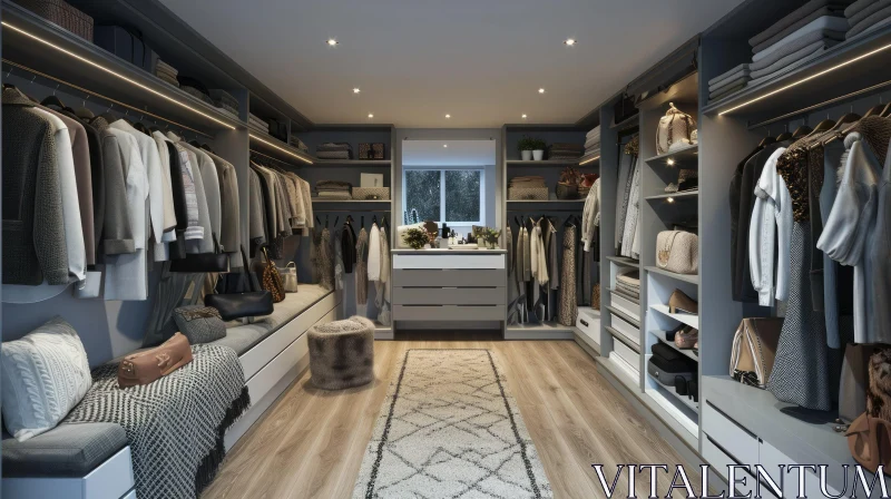 Elegant Walk-In Closet with Gray Cabinets and Shelves AI Image