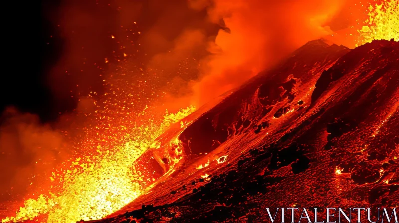 Fiery Volcanic Eruption at Night - A Destructive Force of Nature AI Image