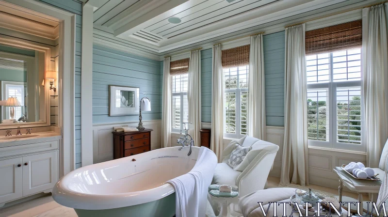AI ART Luxurious Coastal Bathroom with White Bathtub and Chaise Lounge