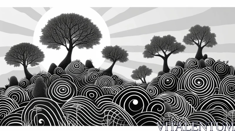 AI ART Minimalist Black and White Landscape Illustration with Rolling Hills and Sun