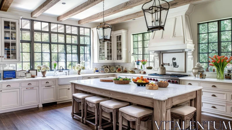 Rustic White Marble Kitchen with Wood-Beamed Ceiling AI Image