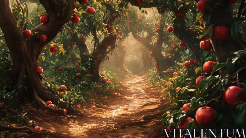 Serene Apple Orchard: Warm Sunlight and Ripe Apples AI Image