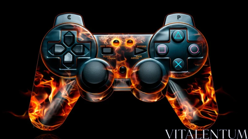 Sleek Black Video Game Controller with Fiery Glow AI Image
