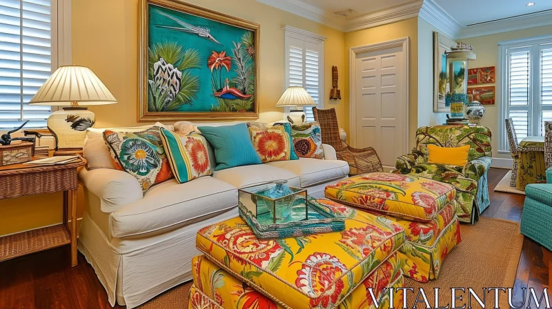 A Captivating Tropical Living Room Decor AI Image