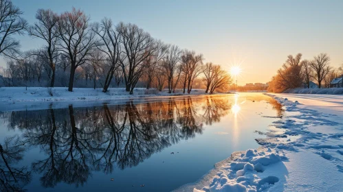 Serene Winter Landscape with Frozen River and Snow-Covered Trees