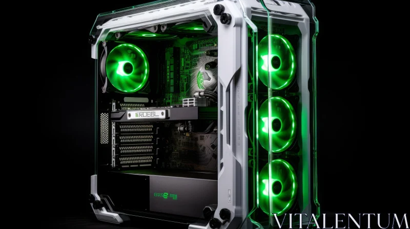 Sleek Green LED Gaming PC Case with Liquid Cooling AI Image