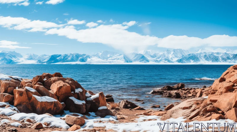 Snowy Mountains and Serene Lake: A Captivating Coastal Landscape AI Image