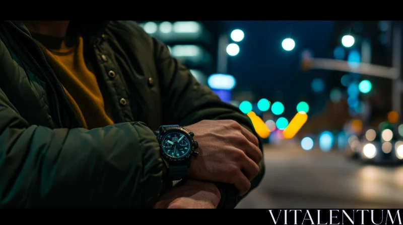 Stylish Man Wearing Black Watch with Blue Strap and Green Jacket AI Image