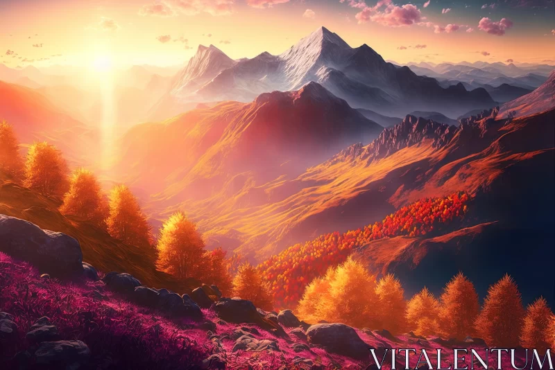 Breathtaking Sunset Scene with Mountains and Flowers | Vibrant Nature Landscape AI Image