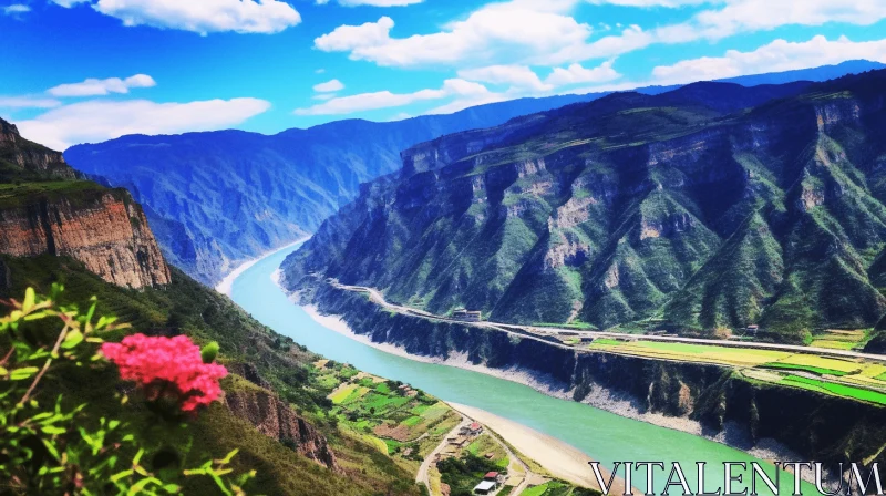 Captivating Nature Landscape: Serene River, Flowers, and Mountains AI Image