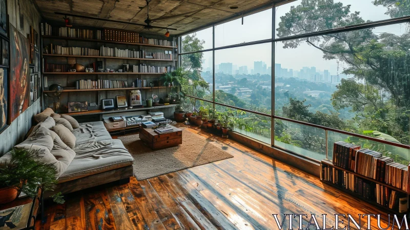 Cozy Living Room with Breathtaking City Skyline View AI Image