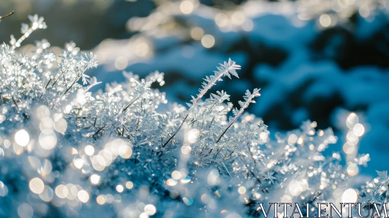 Delicate Plant Covered in Frost and Snow - A Serene Winter Scene AI Image