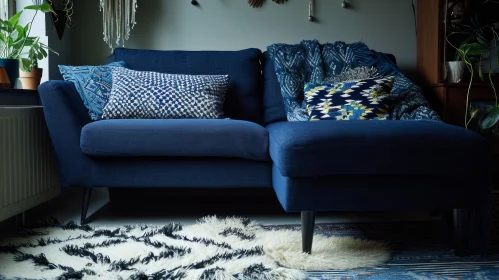 Elegantly Designed Living Room with Blue Corner Sofa and Delicate Flower Arrangement