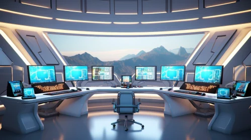 Futuristic Control Room with Mountain View