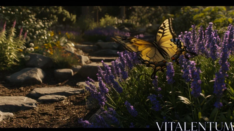 AI ART Graceful Yellow Butterfly in Vibrant Flower Garden