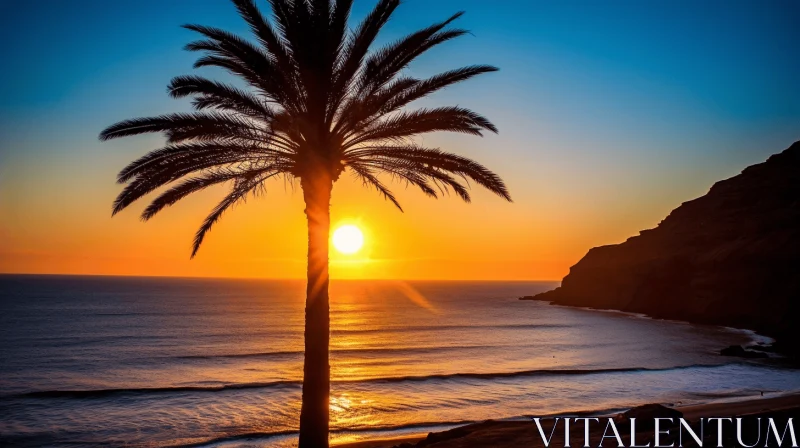 Serene Sunset: Palm Tree Silhouette on a Cliff in Portugal AI Image