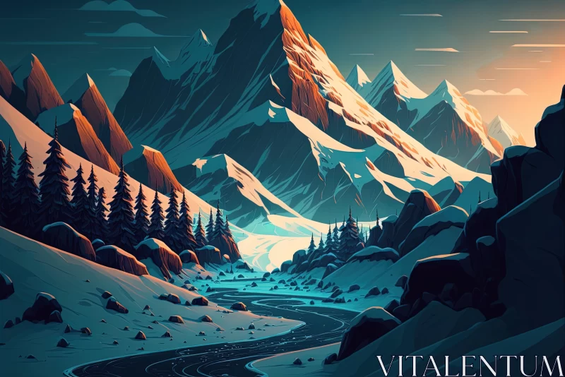 Captivating Mountain Landscape Illustration in Dark Cyan and Maroon AI Image