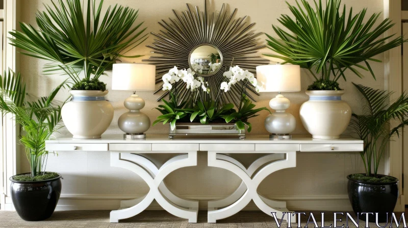 Elegant White Console Table with Silver Mirror and Lamps AI Image