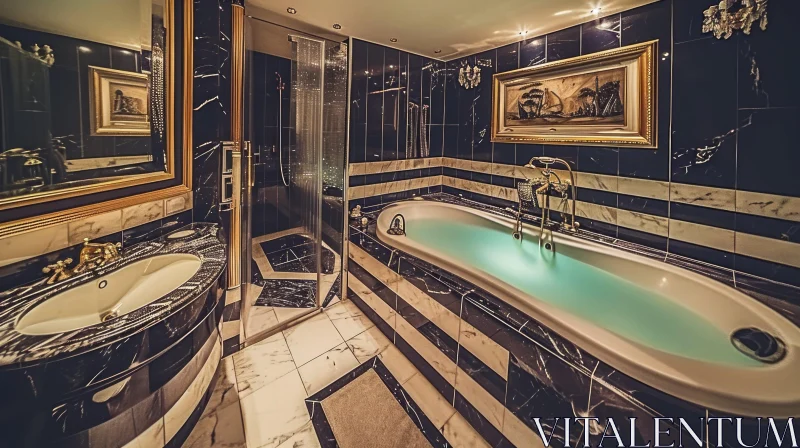 Luxurious Bathroom with Black and White Marble Tiles AI Image