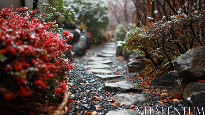 Serene Winter Scene in a Japanese Garden AI Image