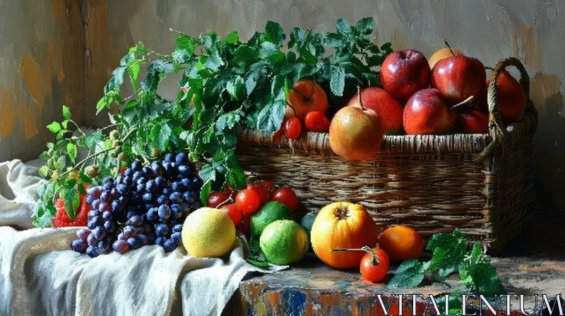 Still Life Painting: Wicker Basket Filled with Fruits AI Image