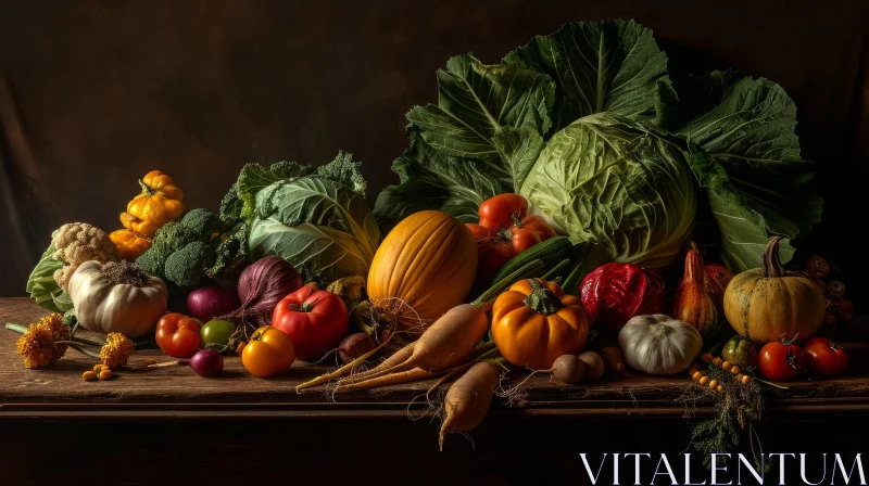 Vibrant Still Life: Artistic Arrangement of Vegetables on Wooden Table AI Image