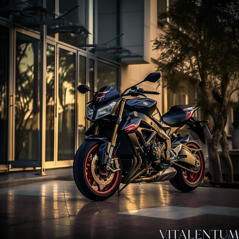 Captivating Gold Motorcycle in Front of Glass Building | Precisionist Art AI Image
