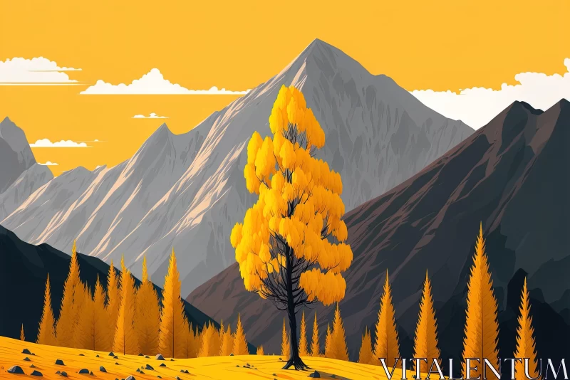 Captivating Graphic Composition: Yellow Tree and Majestic Mountains AI Image