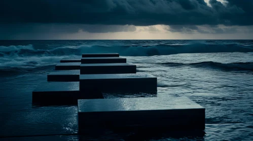 Dramatic Seascape with Concrete Blocks and Crashing Waves