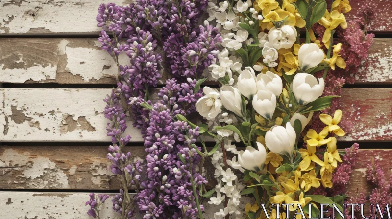 Flower Arrangement on Wooden Background - Purple, White, and Yellow Flowers AI Image