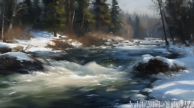 Winter Landscape Painting: Serene River and Snow-Covered Trees AI Image