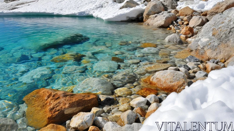 Awe-inspiring Mountain Lake: Crystal Clear Water, Snow-Capped Peaks AI Image
