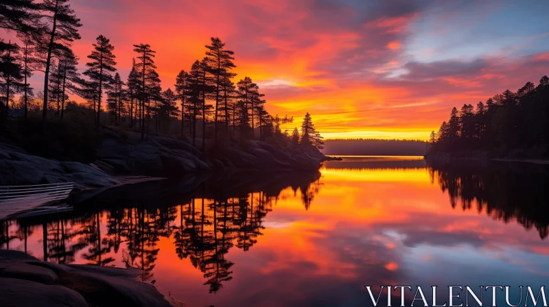 Breathtaking Sunset Reflections on a Peaceful Lake with Towering Trees AI Image