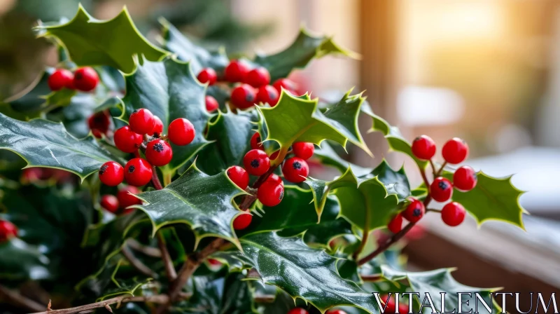Close-up of Holly Branch with Green Leaves and Red Berries AI Image