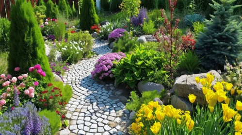 Enchanting Garden Path with Colorful Flowers and Lush Greenery