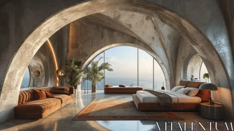 Luxurious 3D Rendering of a Modern Bedroom with Ocean View AI Image