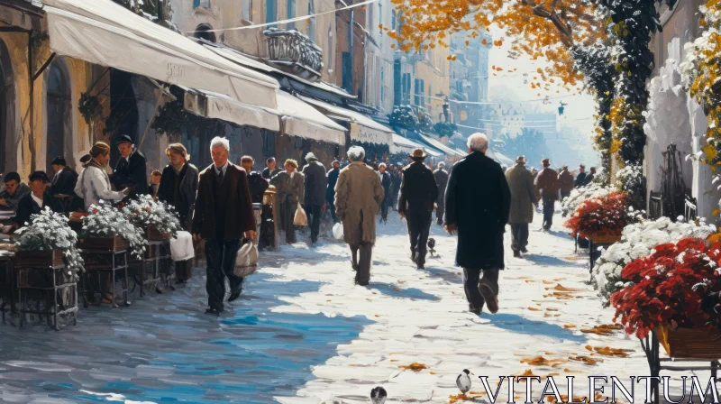 Snowy European Street: A Glimpse of City Life in Winter AI Image