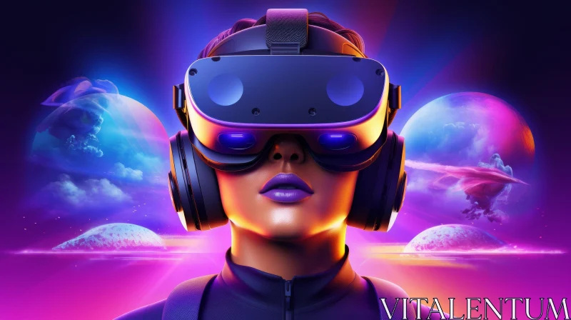 Virtual Reality Portrait: Young Woman in Colorful Abstract Landscape AI Image