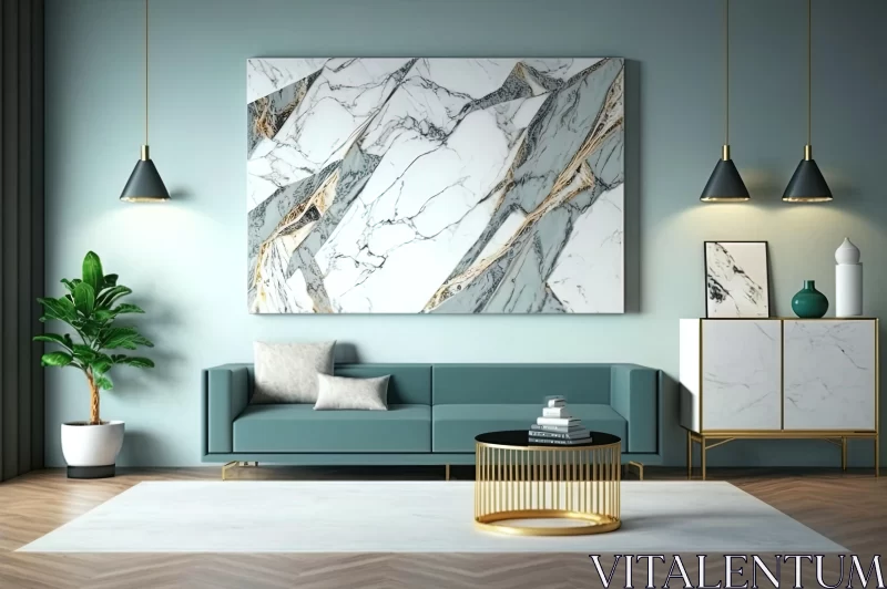 AI ART Captivating Living Room with Blue Sofa and Gold Marble Coffee Table | Hard Edge Painting