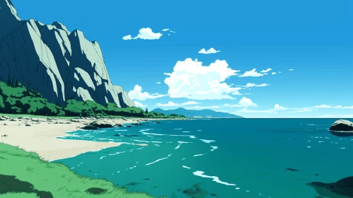 Captivating Sea and Mountain Landscape in Expressive Manga Style