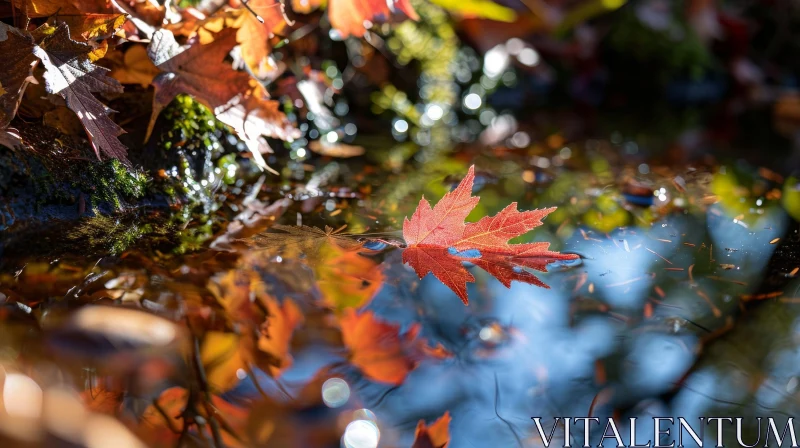 Fallen Red Maple Leaf Floating on Still Pond - Serene Nature Photography AI Image